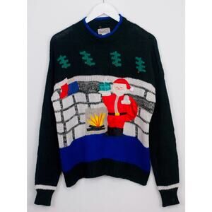 Vintage Fashion Force women's Santa at the fireplace knit Christmas sweater, M